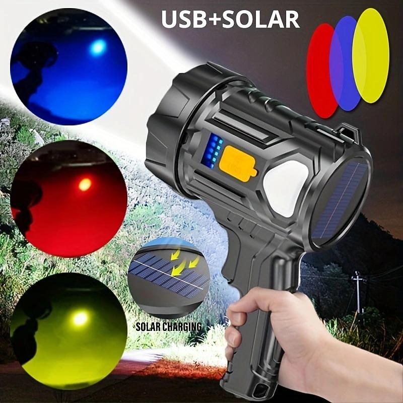 1pc Portable Searchlight, Strong Flash Light, Powerful LED Home Torch, Waterproof Fishing Outdoor Lantern, USB Rechargeable Spotlight With Red Blue Yellow 3 Color Lens Filter