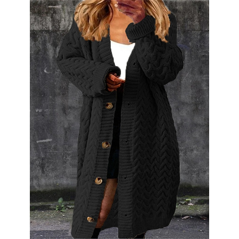 Women's Cardigan Fashion Casual Soft Solid Color Cable V Neck Buttons Knitted Long Sleeve Long Tops Knit Outdoor Daily Going out Black Yellow Fall Winter2