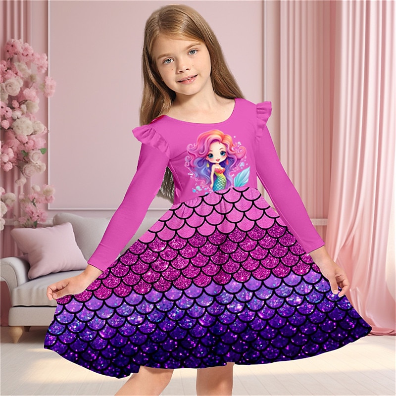Girls' 3D Mermaid Ruffle Dress Pink Long Sleeve 3D Print Fall Winter Vacation Sports & Outdoor Daily Cute Casual Beautiful Kids 3-12 Years Casual Dress A Line Dress Above Knee Regular Fit2