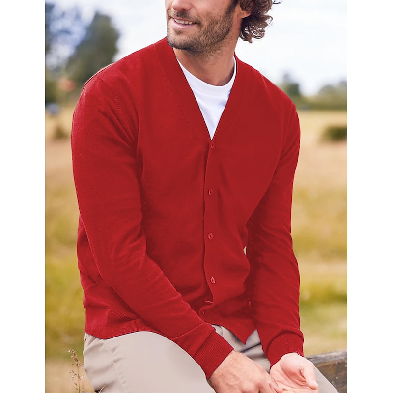 Men's Cardigan Sweater Knitted Cardigan Ribbed Knit Regular Knitted Plain V Neck Warm Ups Modern Contemporary Daily Wear Going out Clothing Apparel Winter Black Red S M L3