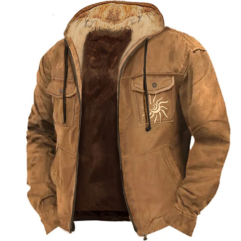 Men's Sun Graphic Prints Hoodie Hoodies Sweatshirt Daily Casual Long Sleeve Hooded Vacation Holiday Going out Light Brown Blue Multi Pocket Fleece Winter Designer