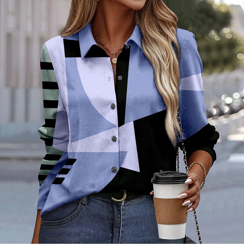 Women's Shirt Button Down Tunic Shirt Collar Long Sleeve Fashion Color Block s Print Regular Tops Casual Pink Blue Purple Green Khaki Spring & Fall2