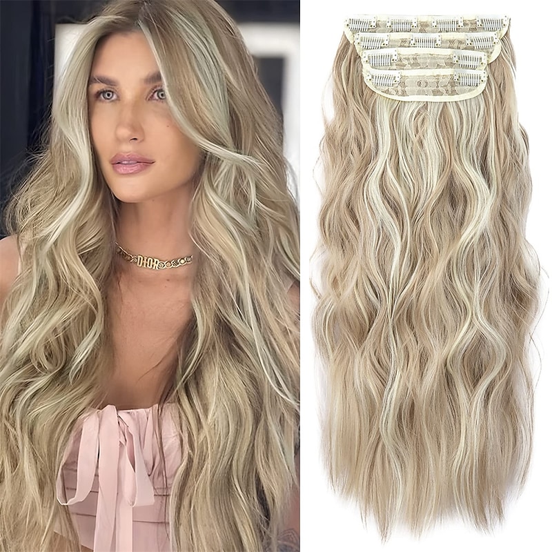 Clip in Natural Hair Extensions Long Wavy 4PCS Thick Hairpieces Dark Ash Blonde Mixed Bleach Blonde Double Weft Synthetic 20 Inch for Women
