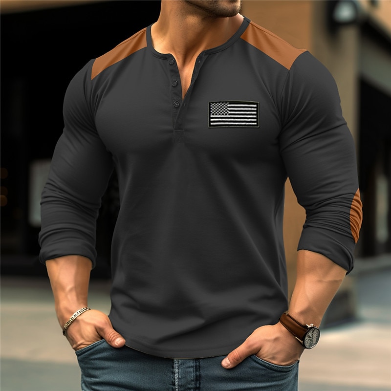 Men's Button T Shirt Henley Shirt Tee Top Long Sleeve Shirt Long Sleeve Henley Spring &  Fall Color Block National Flag Fashion Designer Basic Embroidery Vacation Street Going out Black White Khaki3