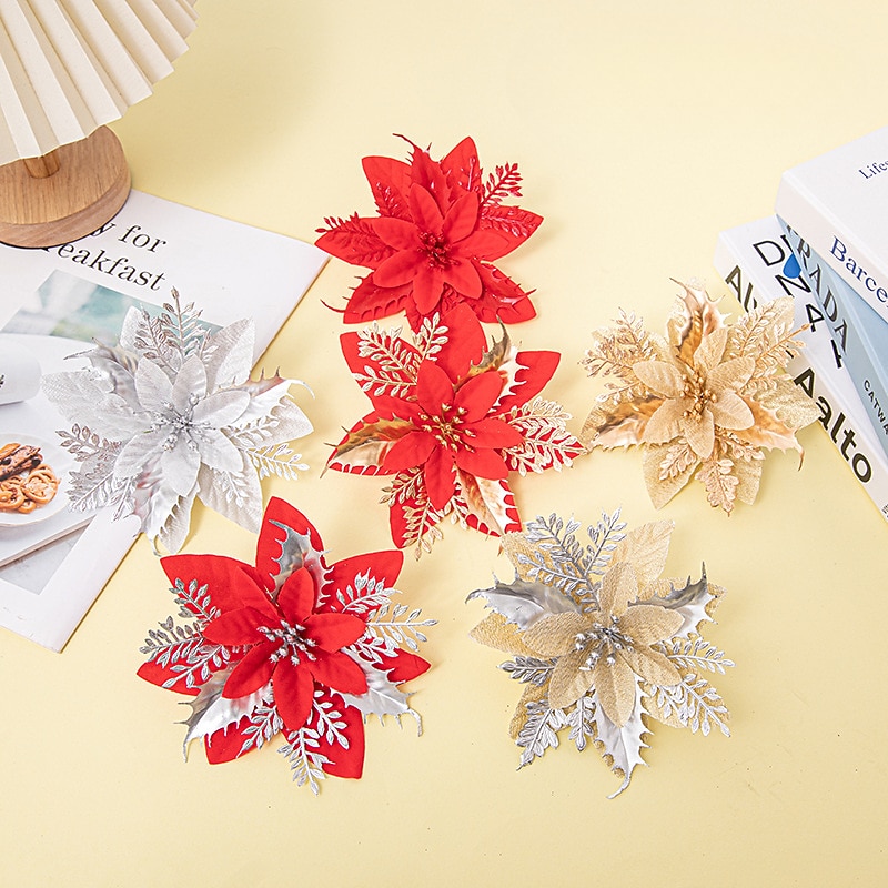 5/10PCS Mreey Christmas Tree Decoration Ornaments Xmas Fake Flowers Natal Christmas gold powder Christmas Flower Simulation Flower Christmas Wreath Decoration Flower Christmas Tree Decoration3