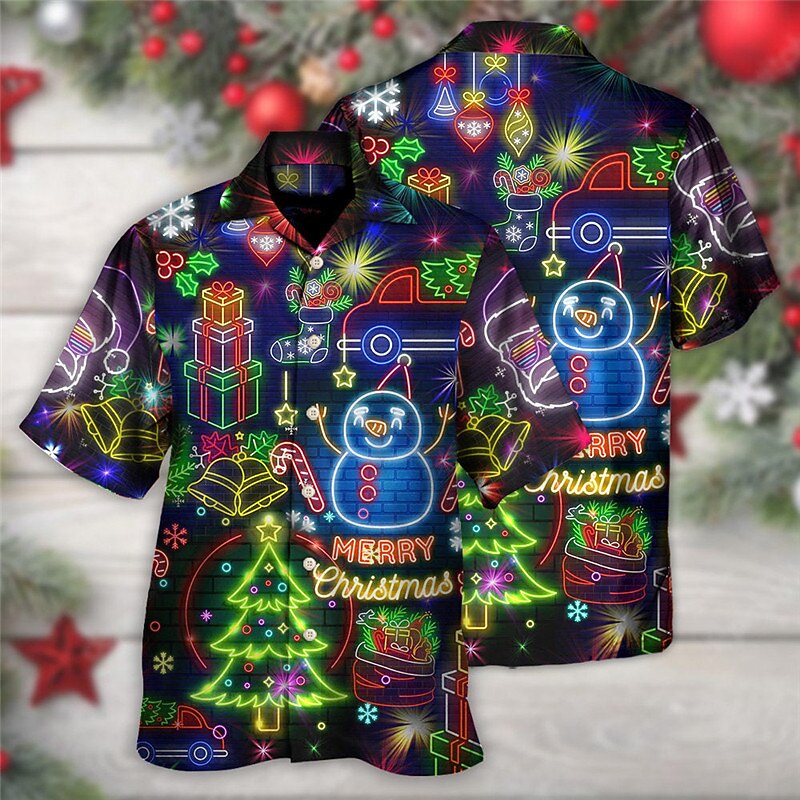 Christmas Men's Christmas Scene Printed Shirts Snowman Tree  Casual Rock Outdoor Street Fall Turndown Short Sleeve Dark Navy S M L Shirt2