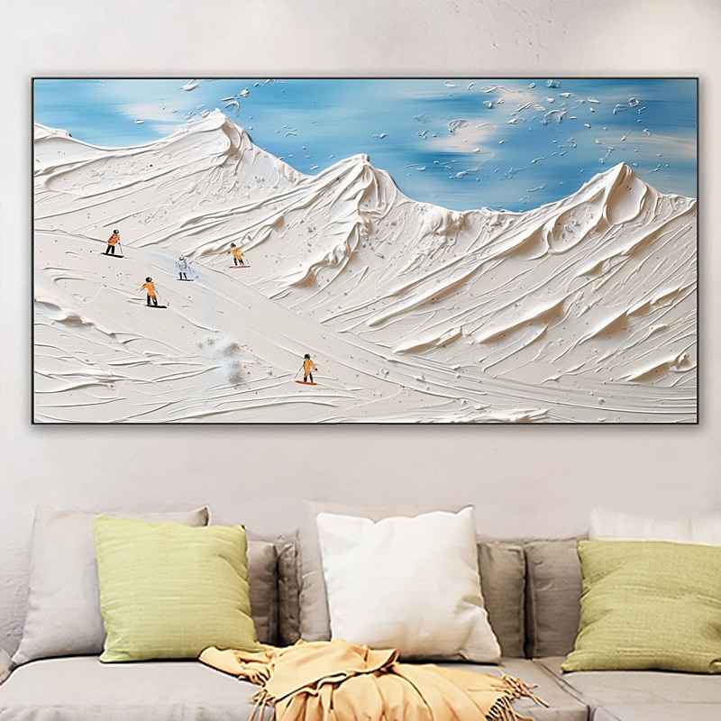 Original White Snow Skiing Painting on Canvas Hand-painted Mountain Art Texture Wall Art Personalized Gift horizontal canvas wall art No Frame4