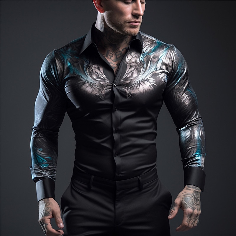 Men's Shirt Button Up Shirt Long Sleeve Vintage Outdoor Street Casual Daily Fall & Winter Turndown Buttons Print Dark Navy Royal Blue Blue Dark Blue Gray4