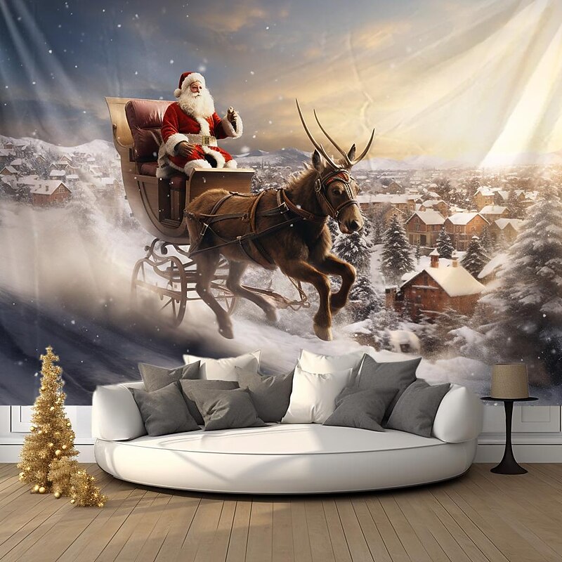 Christmas Decorations Santa Reindeer Sled Hanging Tapestry Wall Art Xmas Large Tapestry Mural Decor Photograph Backdrop Blanket Curtain Home Bedroom Living Room Decoration2
