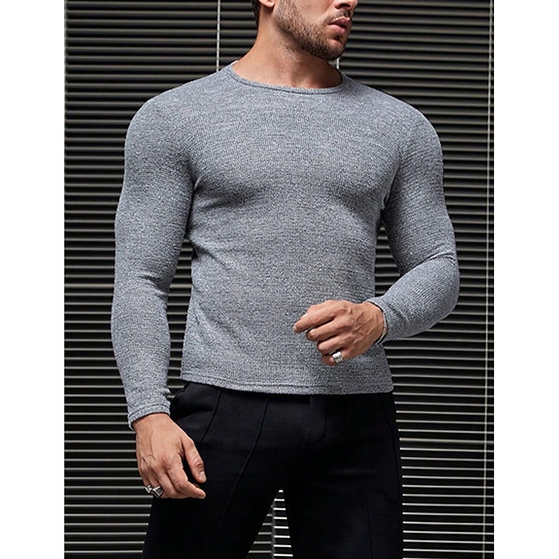 Men's Waffle Tee T Shirt Waffle Knit Tee Tee Top Long Sleeve Crew Neck Spring &  Fall Plain Fashion Designer Basic Vacation Street Going out Gray Top Tee for Men4