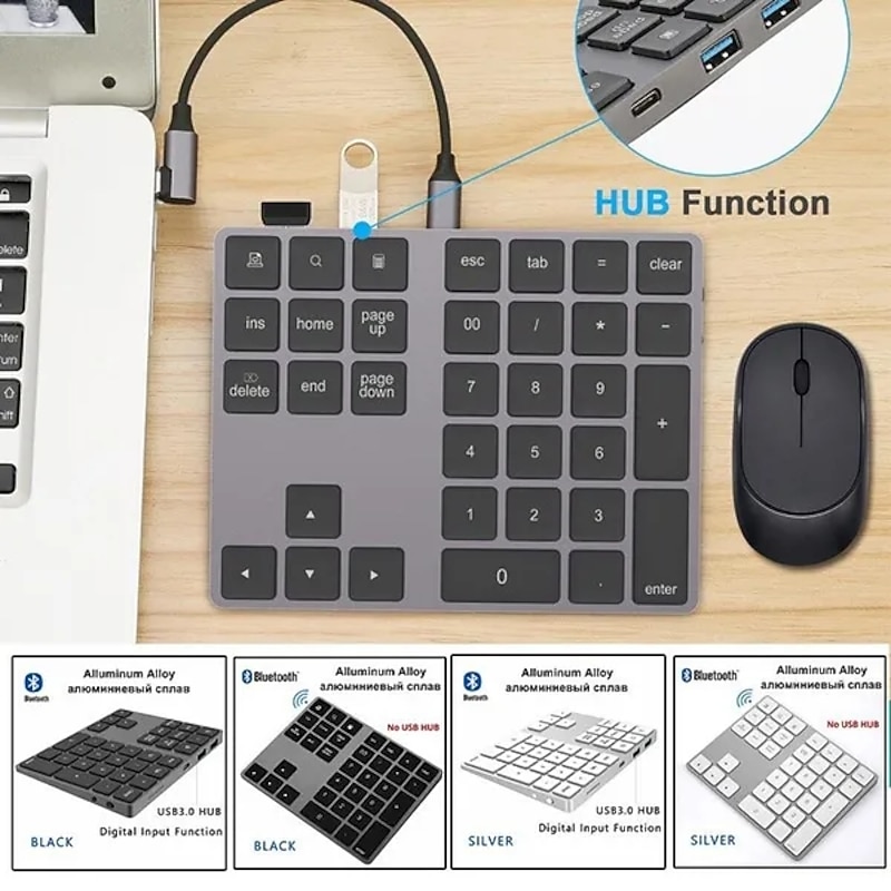 Aluminum Alloy Bluetooth Wireless Numeric Keypad with USB HUB Digital Input Function for WindowsMac OSAndroid laptop PC