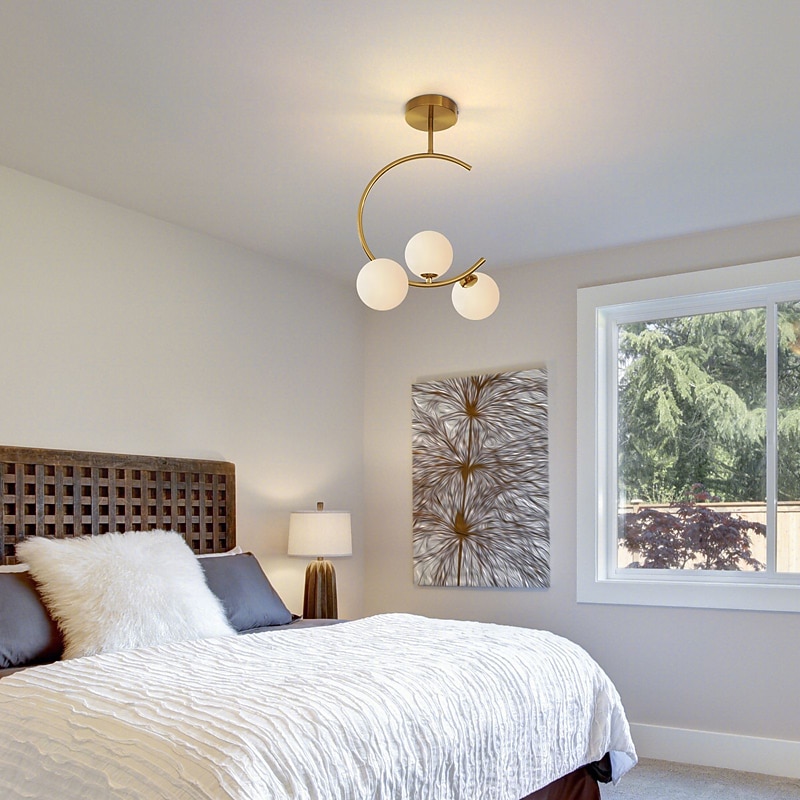 Gold Semi-Flush Mount Ceiling Light, Mid-Century Gold Ceiling Light Fixture, Ceiling Mount with 3 Frosted Glass Shades, Globe Ceiling Light Fixture for Hallway Kitchen Bedroom 110-240V2