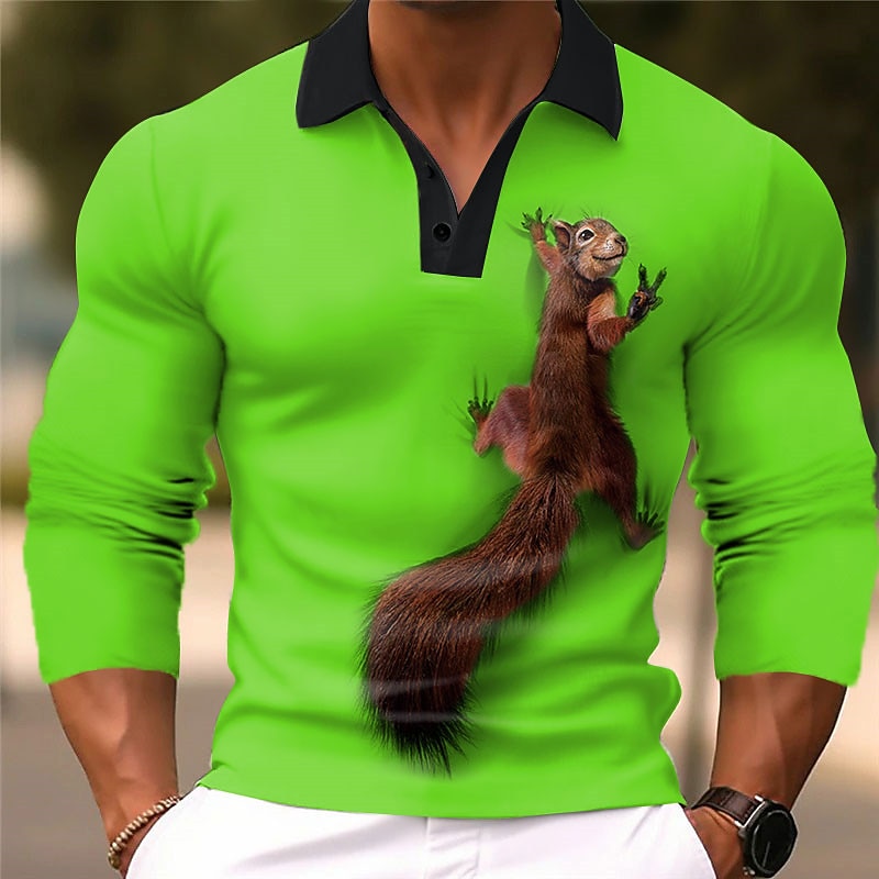 Men's Squirrel Polo Shirts Golf Shirt Long Sleeve Polo Shirts Collared Shirts Casual Funny Vacation Wear Party Outfits 3D Print Buttons Fall & Winter White Wine Brown4