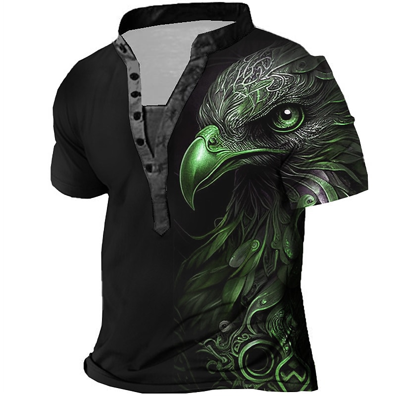Men's Graphic Animal Eagle Henley Shirt Vintage Shirt Short Sleeve 3D Print Fashion Designer Basic Outdoor Daily Summer Blue Brown Green Gray Stand Collar Henley T-Shirt3
