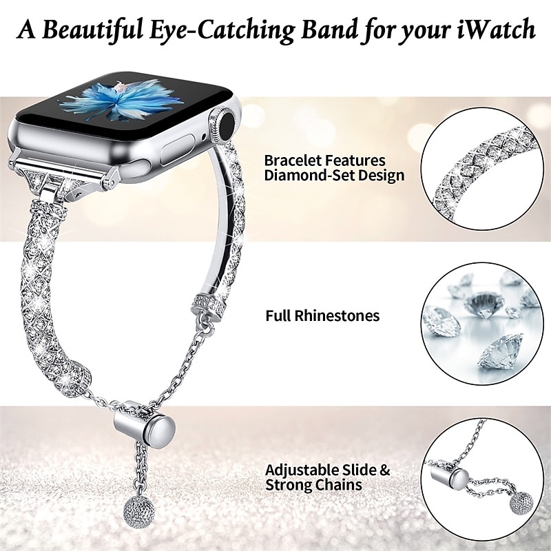 Jewelry Bracelet Compatible with Apple Watch band 38mm 40mm 41mm 42mm 44mm 45mm 49mm Women Glitter Bling Diamond Alloy Strap Replacement Wristband for iwatch Ultra 2 Series 9 8 7 SE 6 5 4 3 2 12