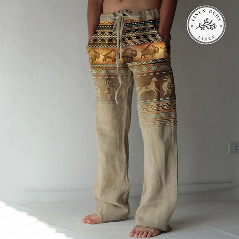 Men's Graphic Prints Linen Pants Baggy Pants Mid Waist Streetwear Hawaiian Designer Casual Daily Holiday Drawstring Elastic Waist Front Pocket Spring & Summer 3D Print Green Khaki Gray2