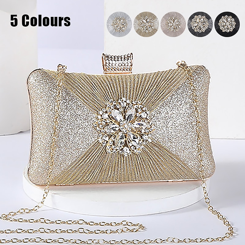 Women's Elegant Gold Rhinestone Clutch Bag with Chain Strap – Sparkling Evening Handbag for Weddings and Formal Events