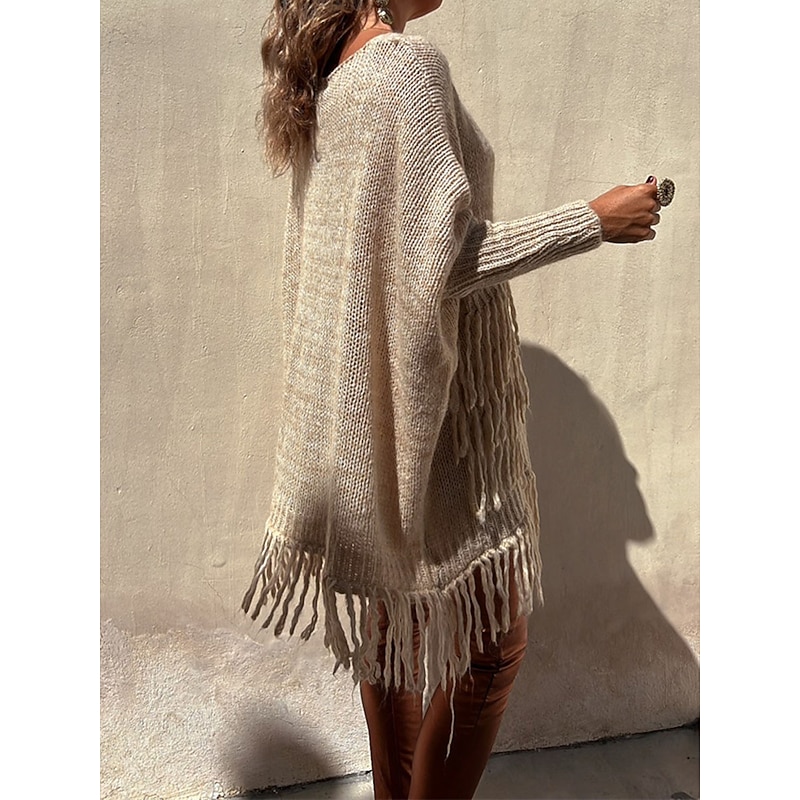 Women's Pullover Sweater Jumper Fashion Streetwear Casual Solid Color Ribbed Crew Neck Pocket Tassel Knitted Long Sleeve Long Tops Knit Outdoor Daily Going out Camel Green Fall Winter3