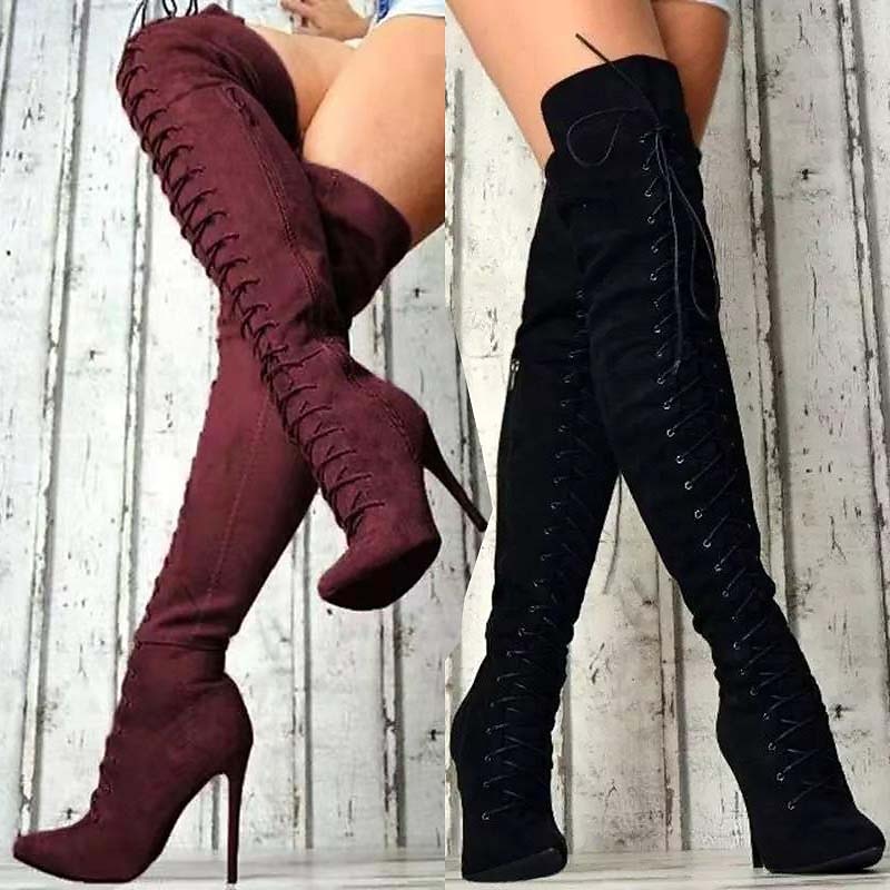 Women's Lace-Up Over-the-Knee Boots - Black & Burgundy Thigh-High Stiletto Heels for Winter Fashion and Night Out