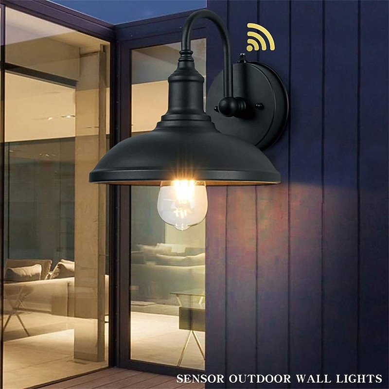 Outdoor Barn Light Fixture with Dusk to Dawn Sensor 12.3 Inch Outdoor Wall Sconce Farmhouse Wall Mount Light Fixture Gooseneck Exterior Lamp Industrial Wall Lantern with Black Finish for Porch