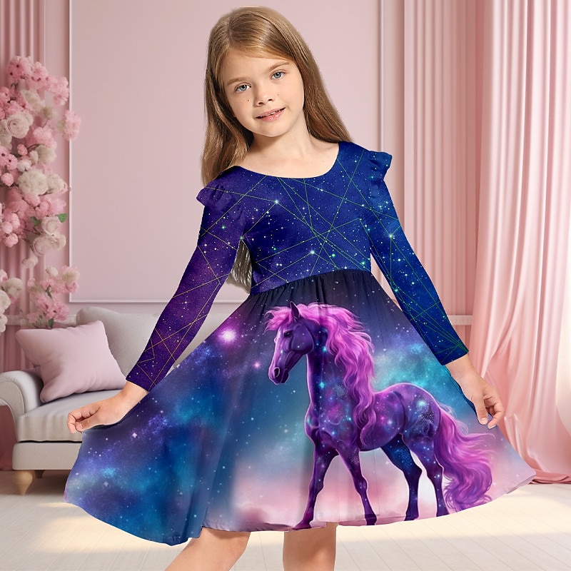 Girls' 3D Galaxy Unicorn Ruffle Dress Long Sleeve 3D Print Fall Winter Vacation Sports & Outdoor Daily Cute Casual Beautiful Kids 3-12 Years Casual Dress A Line Dress Above Knee Regular Fit2