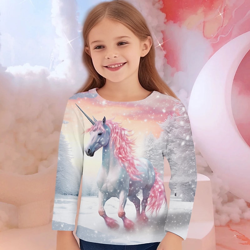 Girls' 3D Unicorn Tee Shirts Long Sleeve 3D Print Fall Winter Active Fashion Cute Kids 3-12 Years Crew Neck Outdoor Casual Daily Regular Fit2