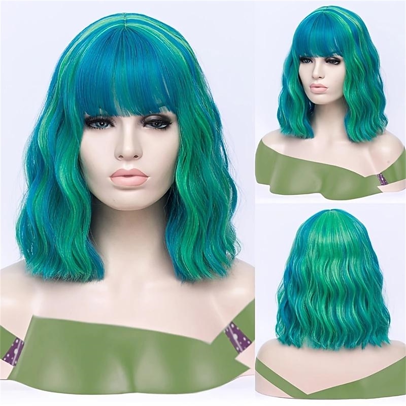 Highlight Short Curly Wavy Bob Wig Synthetic Wig With Bangs Anime Cosplay Wig For Halloween Cosplay Party Christmas Party Wigs
