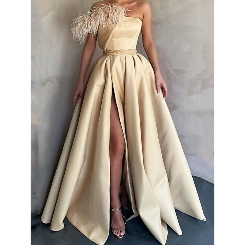 A-Line Black Evening Gown High Split Dress Formal Floor Length Sleeveless One Shoulder Satin with Feather Slit2