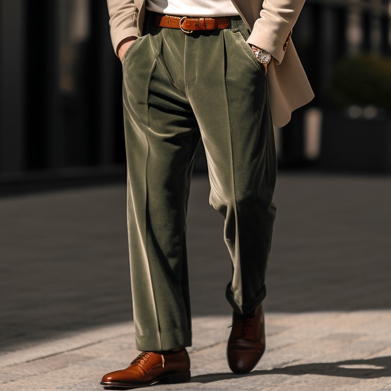 Men's Dress Pants Trousers Casual Pants Velvet Pants Front Pocket Straight Leg Plain Comfort Business Daily Holiday Fashion Chic & Modern ArmyGreen Wine4