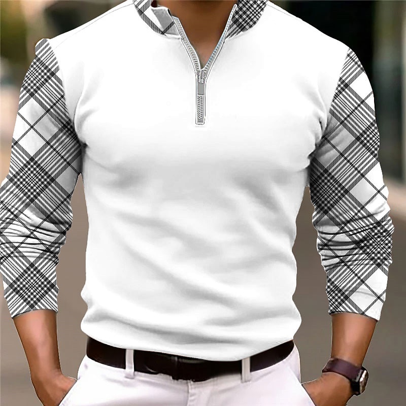 Men's Plaid Zip Polo Golf Polos Shirts Long Sleeve Polo Shirts Zip Business Outdoor Casual Daily Streetwear 3D Print Fall & Winter Black White Dark Navy2