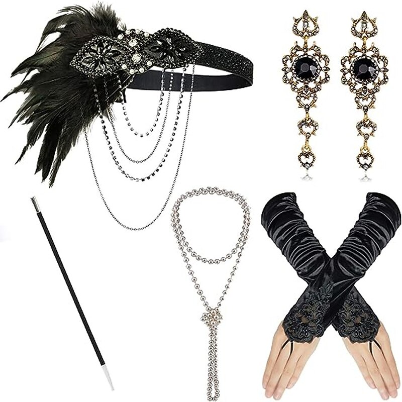 1920s Flapper Accessories Set Gatsby Costume Accessories 20s Flapper Headband Pearl Necklace Gloves Holder2