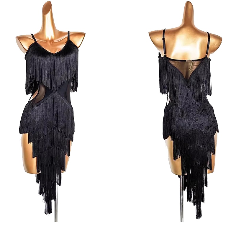 Latin Dance Dress Fringed Tassel Pure Color Splicing Women's Performance Party Sleeveless Polyester4