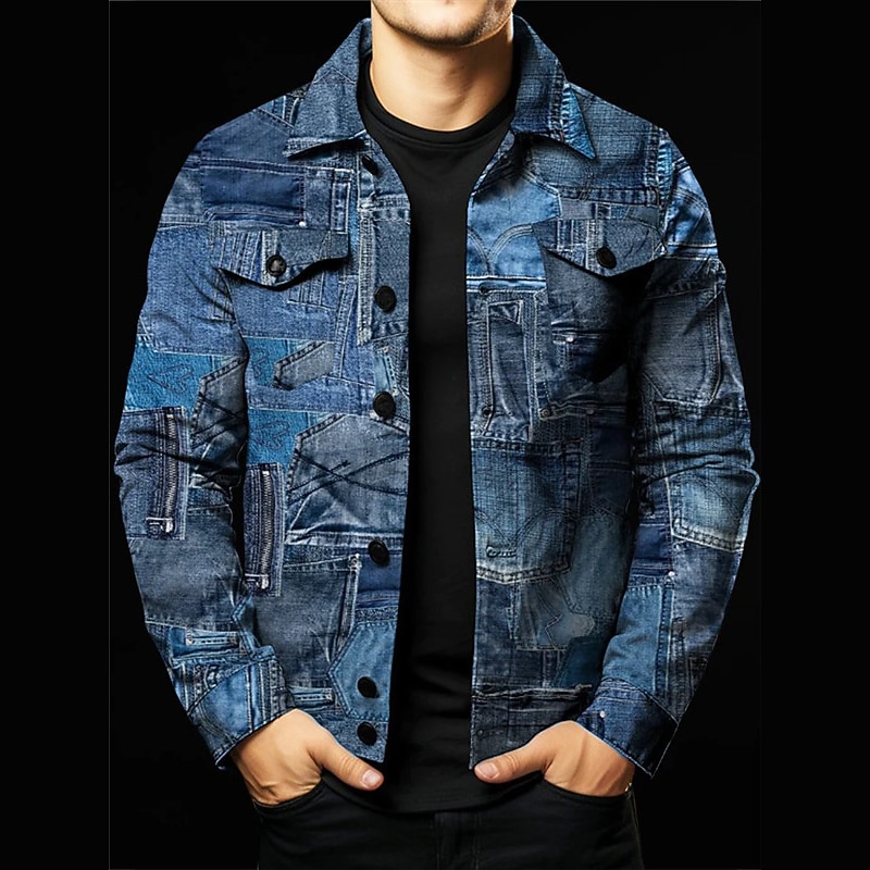 Men's Color Block Shirt Shirt Jacket Overshirt Long Sleeve Vintage Outdoor Street Casual Daily Fall & Winter Turndown Buttons Pocket Print Dark Navy Blue2