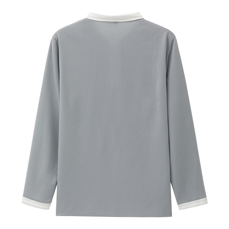 Men's Polo Shirt Button Up Polos Casual Holiday Lapel Long Sleeve Fashion Basic Color Block Patchwork Summer Regular Fit Navy-blue Dark Grey White Burgundy Grey Polo Shirt3