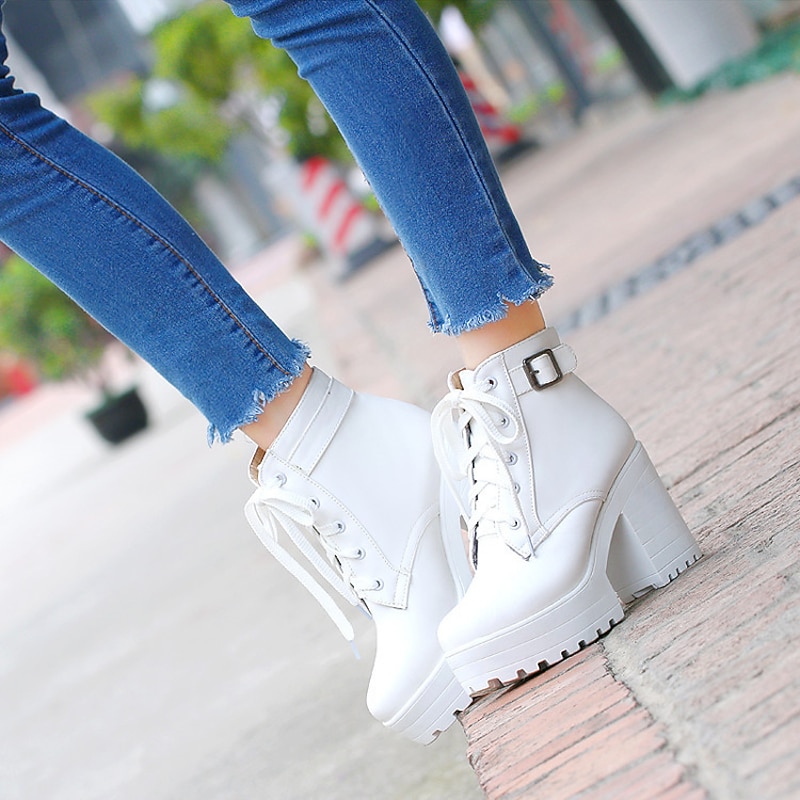 Women's White Platform Ankle Boots, Chunky Heel with Lace - Up & Buckle Detail, Edgy Style for Everyday & Party Looks