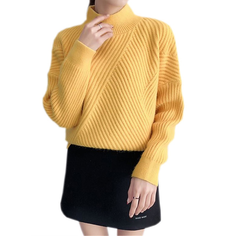 Women's Pullover Sweater Jumper Stand Collar Ribbed Knit Spandex Yarns Patchwork Split Fall Winter Regular Outdoor Daily Going out Stylish Casual Soft Long Sleeve Solid Color Black White Yellow3