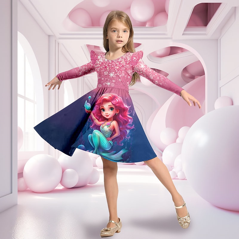 Girls' 3D Mermaid Ruffle Dress Long Sleeve 3D Print Fall Winter Vacation Sports & Outdoor Daily Cute Casual Beautiful Kids 3-12 Years Casual Dress A Line Dress Above Knee Regular Fit2