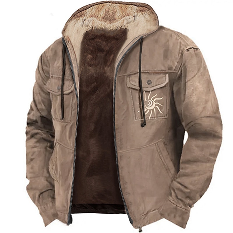 Men's Sun Graphic Prints Hoodie Hoodies Sweatshirt Daily Casual Long Sleeve Hooded Vacation Holiday Going out Light Brown Blue Multi Pocket Fleece Winter Designer4