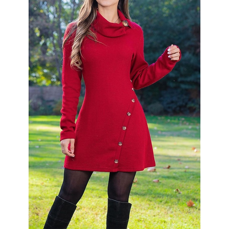 Women's Work Dress New Year's Eve Dress Casual Dress A Line Dress Winter Dress Daily Mini Dress Button Lapel Long Sleeve Plain Slim Black Red Fall