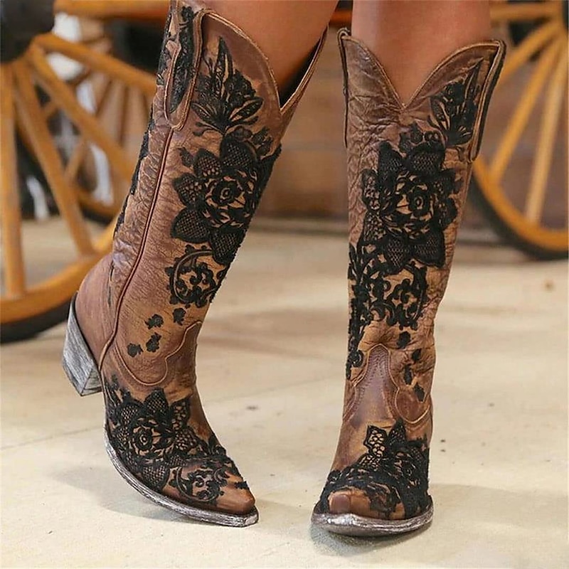 Women's Brown Western Cowboy Boots with Intricate Black Floral Lace Embroidery - Ideal for Country Weddings, Rustic Events, and Western-Themed Parties3