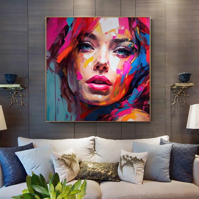 Best on Canvas Handmade Abstract Portrait Oil Painting The Hot Color Hand-Painted Knife David Palette Woman Face Oil Paintings2