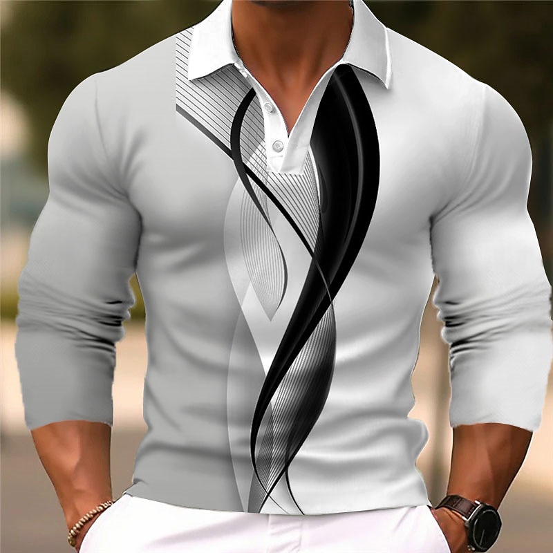 Men's Geometric Polo Shirts Golf Shirt Long Sleeve Polo Shirts Collared Shirts Business Casual WorkWear Formal Wear Festival Wear 3D Print Buttons Fall & Winter White Blue Brown4