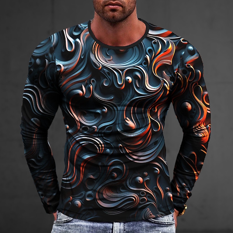 Men's Graphic Abstract T Shirt Long Sleeve T shirt 3D Print Crew Neck Shirt Fashion Designer Casual Sports Outdoor Holiday Going out Silver Black White Spring &  Fall Clothing Apparel S M L XL 2XL2