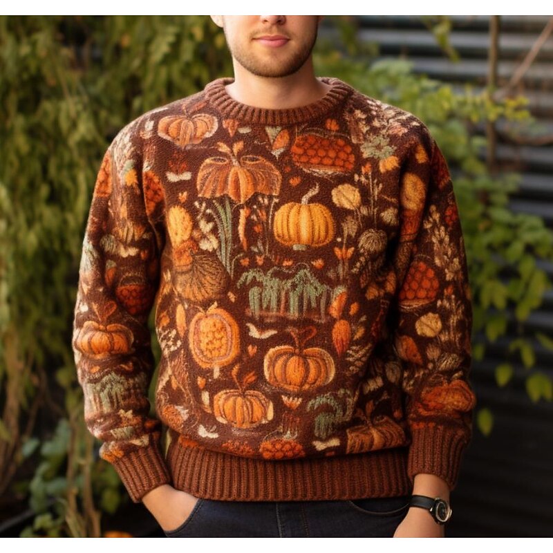 Men's Pumpkin Ghost Pullover Sweater Jumper Halloween Cardigan Knitwear Crew Neck Fashion Streetwear Designer Vacation Halloween Daily Wear Knitted Long Sleeve Fall & Winter Brown Gray
