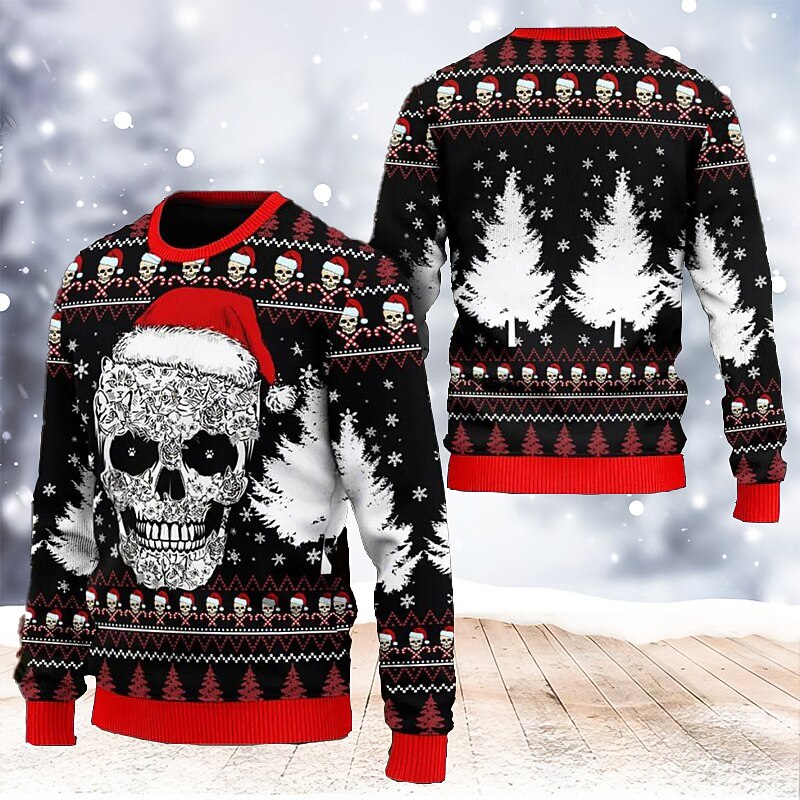 Ugly Christmas Sweater Men's Xmas Pullover Sweaters Skull Gothic Knitting Print Jumper Knitwear New Years Eve Sweater Outdoor Daily Vacation Long Sleeve Crewneck Sweaters Wine