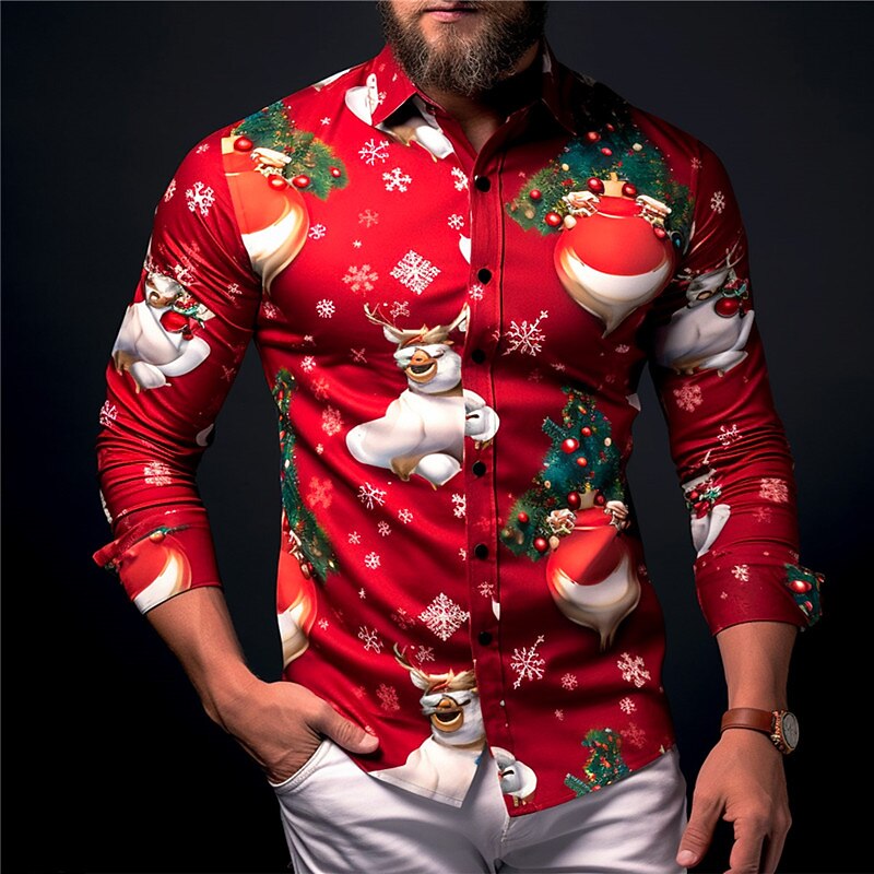 Christmas Men's Funny Christmas Printed Shirts Santa Claus Tree Bell Casual Daily Wear Going out Fall & Winter Turndown Long Sleeve Dark Red, White, Red S, M, L 4-Way Stretch Fabric Shirt2