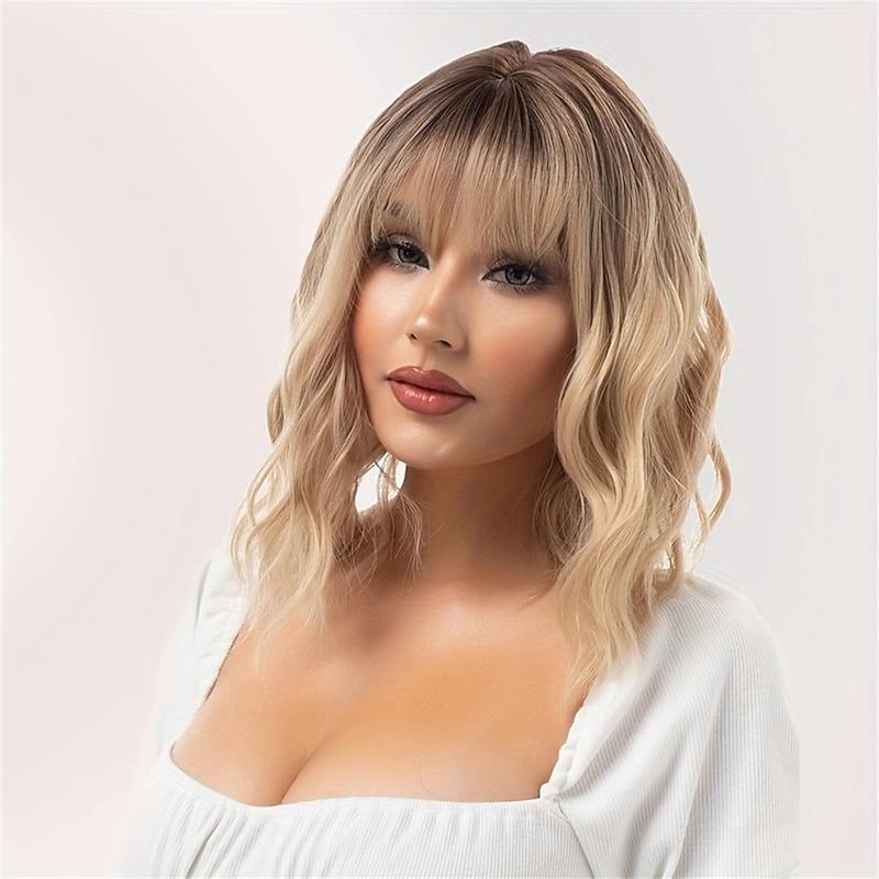 16 Inch Short Wavy Gradient Blonde Wigs With Bangs Synthetic Fiber Wavy Curly Wigs For Daily Party Cospaly Cosplay Wear Christmas Party Wigs3
