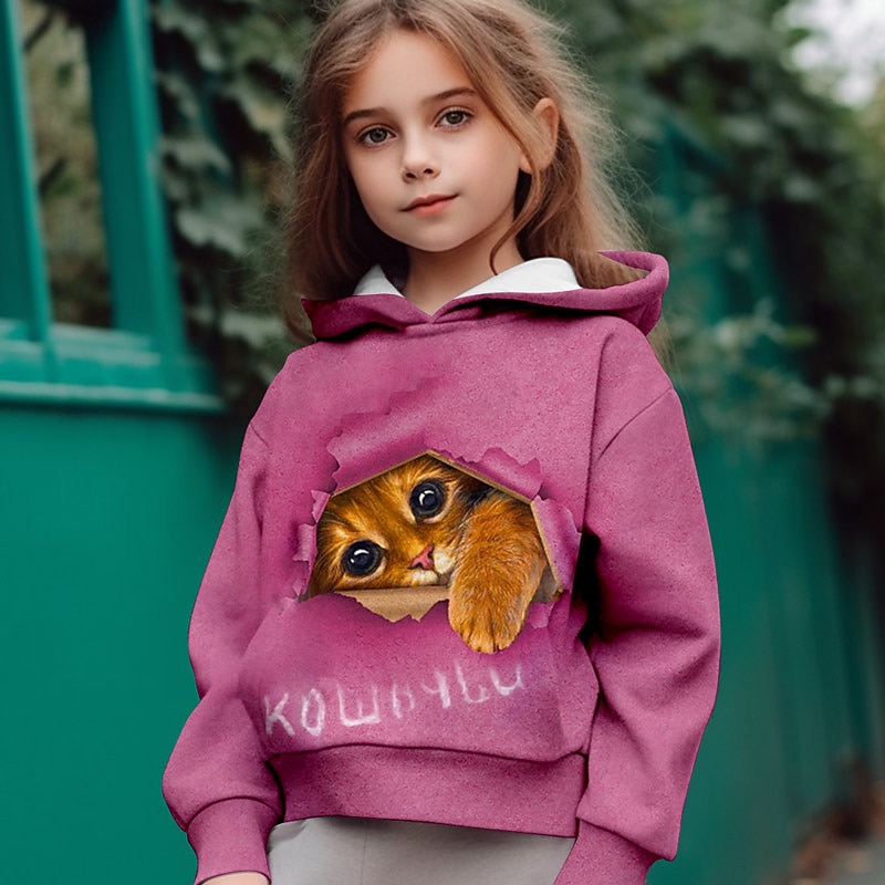 Girls' 3D Cat Hoodie Pullover Long Sleeve 3D Print Fall Winter Active Fashion Cute Polyester Kids 3-12 Years Outdoor Casual Daily Regular Fit