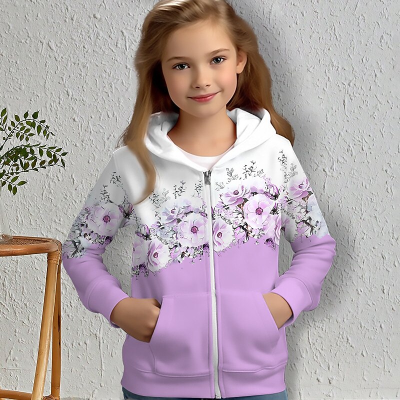 Girls' 3D Floral Hoodie Coat Outerwear Pink Long Sleeve 3D Print Fall Winter Active Fashion Cute Kids 3-12 Years Outdoor Casual Daily Regular Fit2