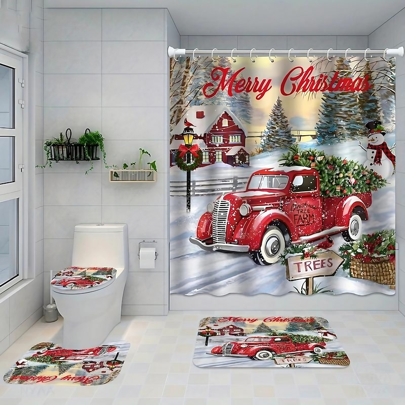 Christmas Car Snowman Pattern Shower Curtain, Shower Curtain With 12 Hooks, Bathroom Rug, Toilet U-Shape Mat, Toilet Lid Cover Pad, Bathroom Decor, Christmas Decorations